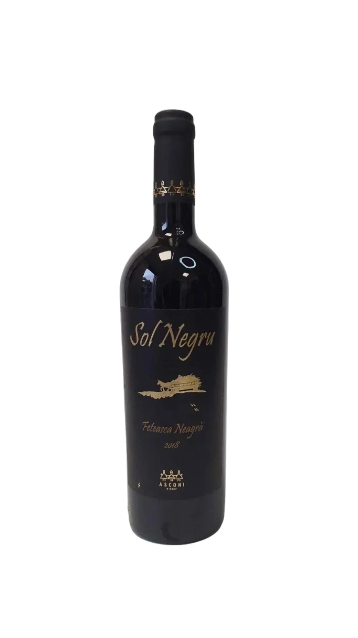 Bottle of Sol Negru Feteasca Neagra red wine with gold text on black label