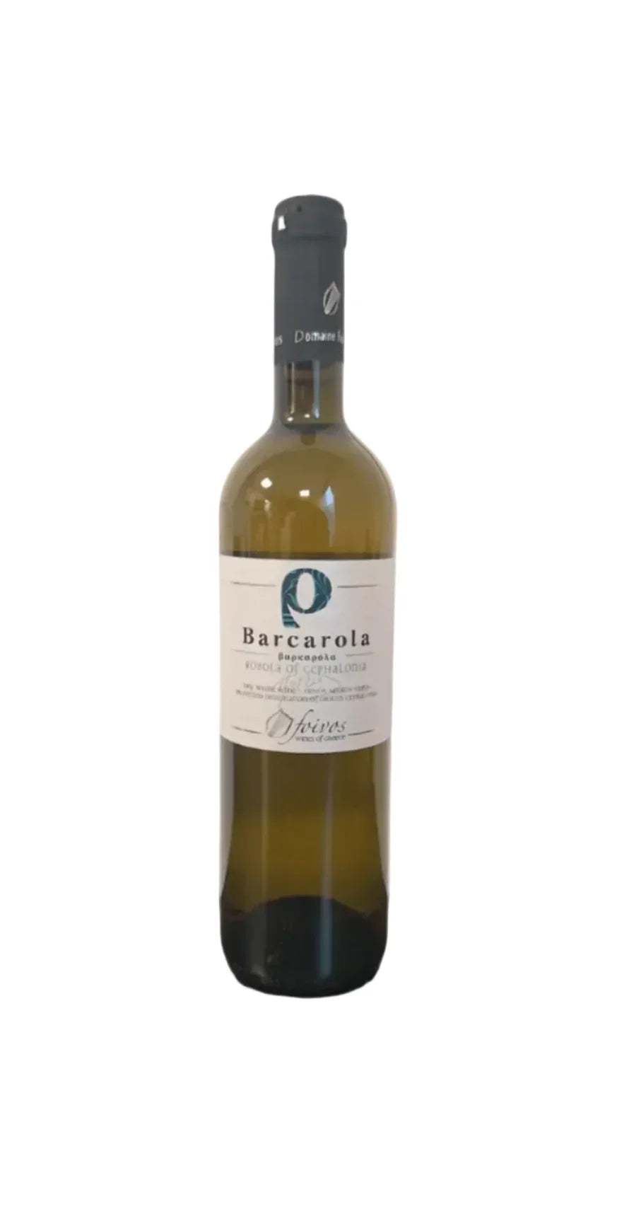 Greek white wine bottle labeled 'Barcarola' on a dark surface with a light background