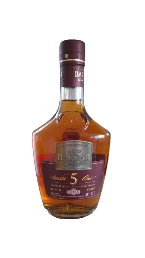 Bardar 5 Year VSOP Divin brandy bottle with maroon label and gold accents