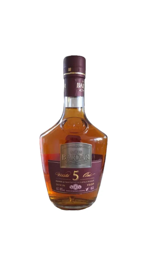 Bardar 5 Year VSOP Divin brandy bottle with maroon label and gold accents