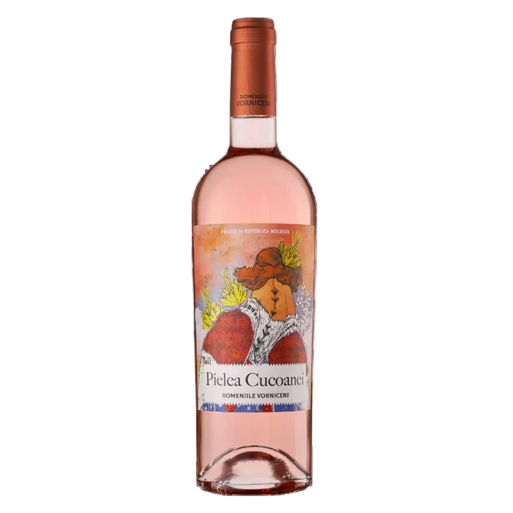 Rose wine bottle with a colorful label on a white background