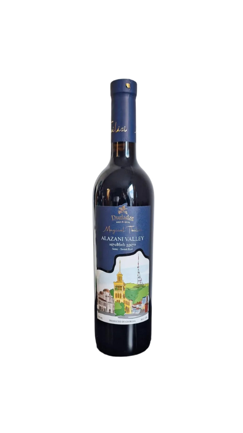 Bottle of wine with a blue label on a white background