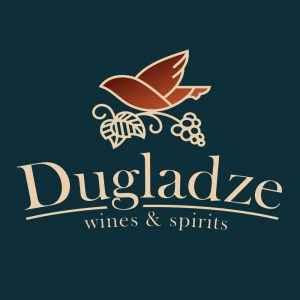 Dugladze wines and spirits logo with red bird and grapevine graphic on dark background