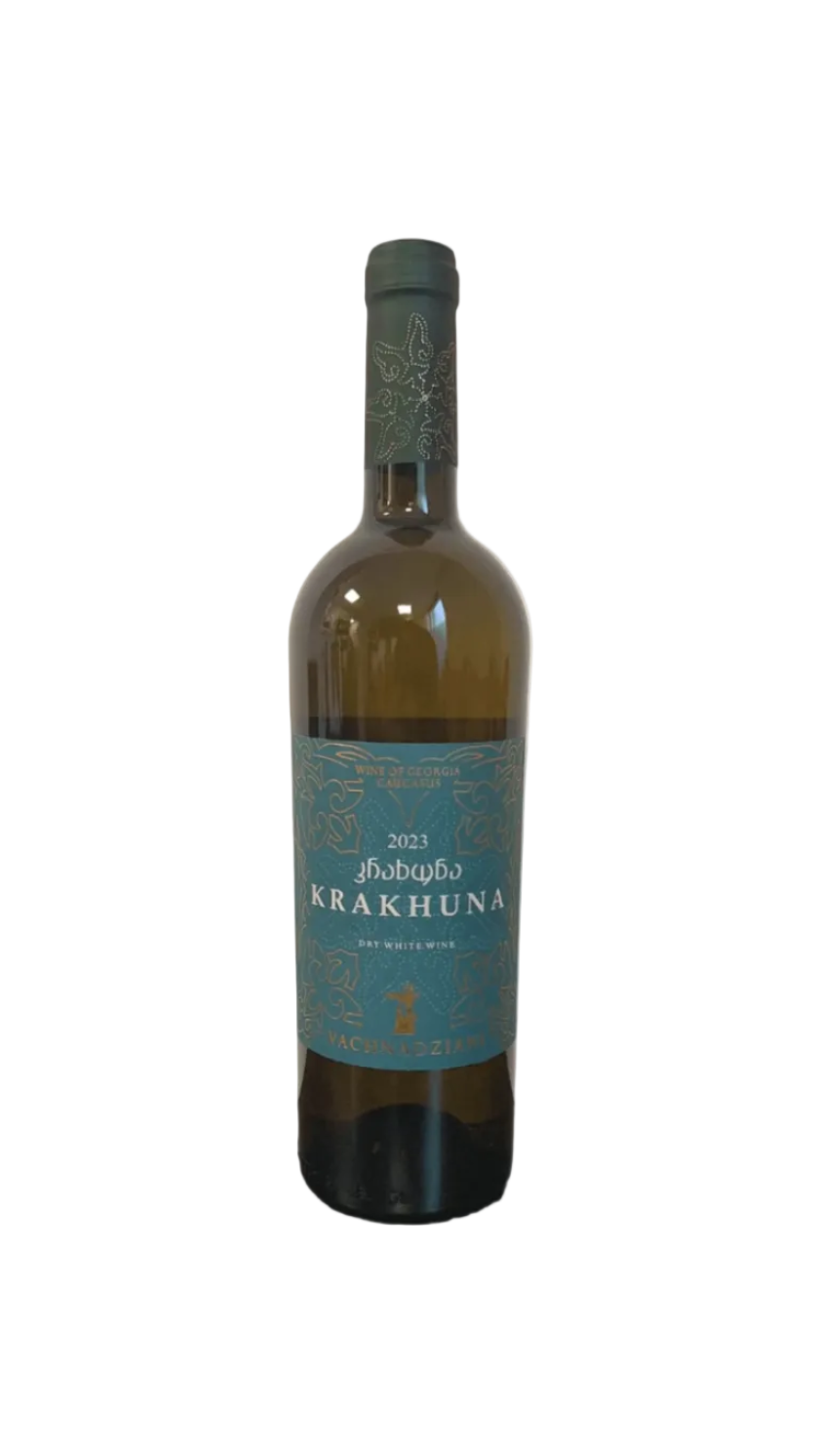 Georgian white wine bottle with a blue label on a plain background Krakhuna