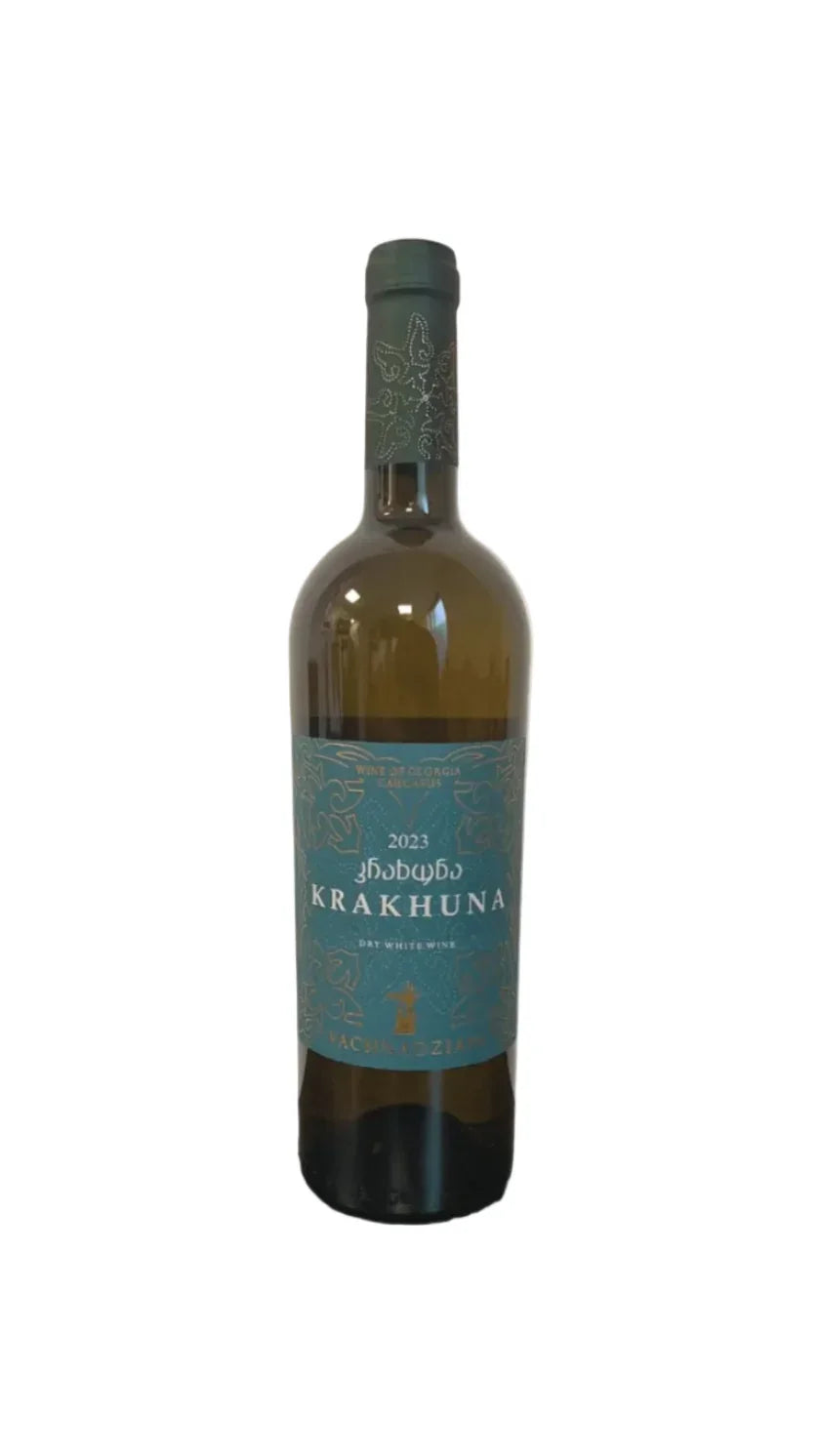 Georgian white wine bottle with a blue label on a plain background Krakhuna
