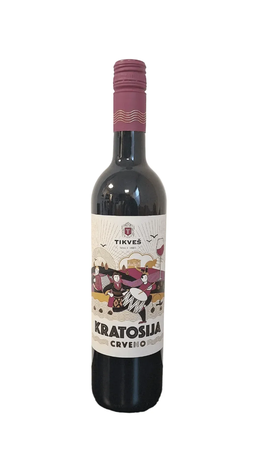 Macedonian red wine bottle with a colorful label on a wooden surface and light background Kratosija