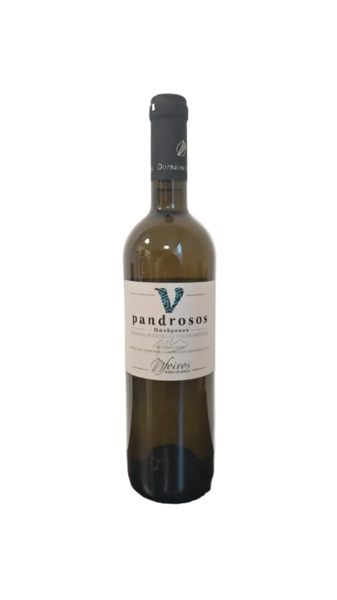 Greek white wine bottle labeled 'pandrosos' on a plain background