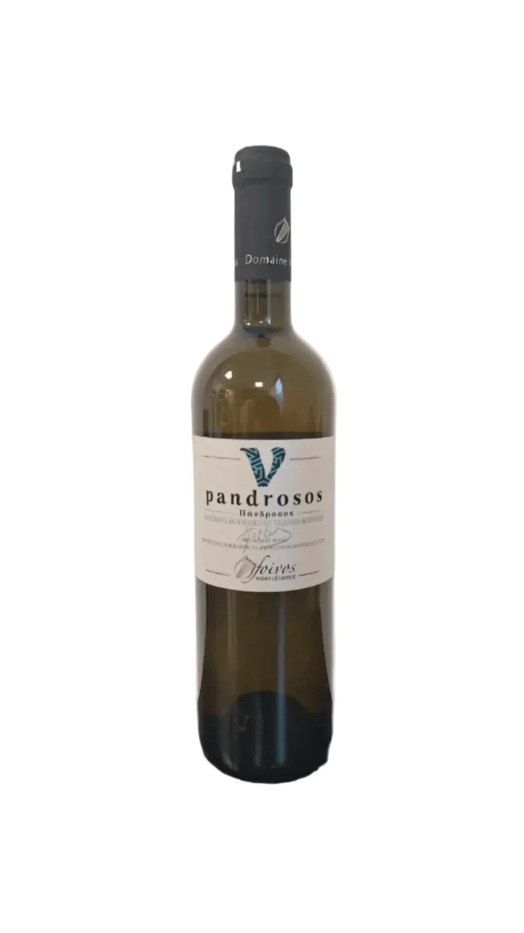 Greek white wine bottle labeled 'pandrosos' on a plain background