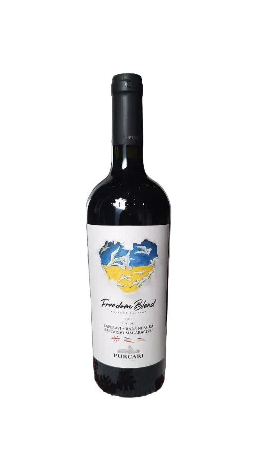 Purcari Freedom Blend red wine bottle with colorful heart label on white background