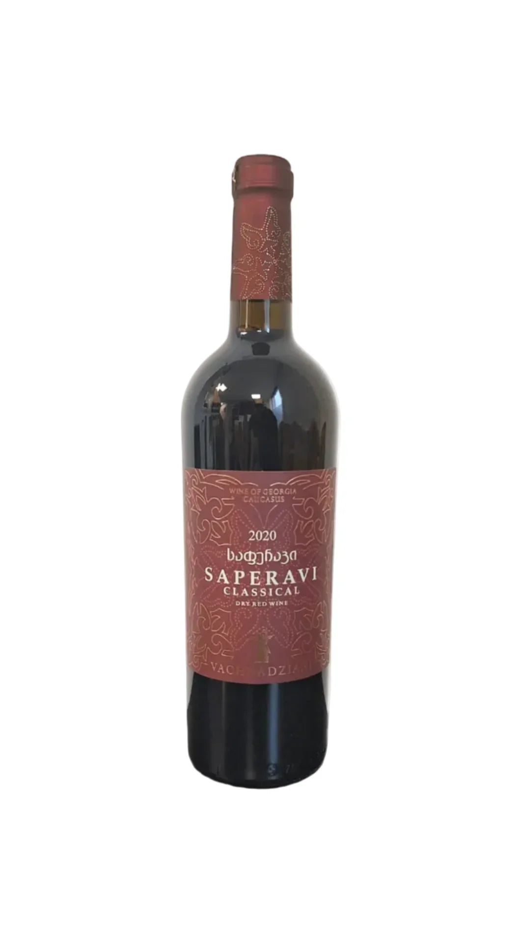 Bottle of Georgian Saperavi red wine on a reflective surface with a white background