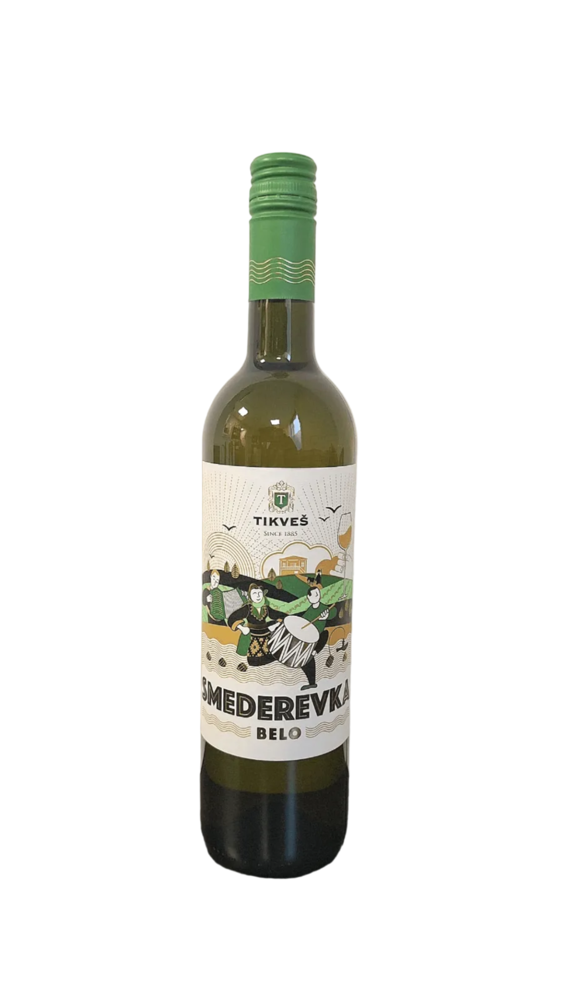Macedonian white wine bottle with a decorative label on a plain background Smederevka