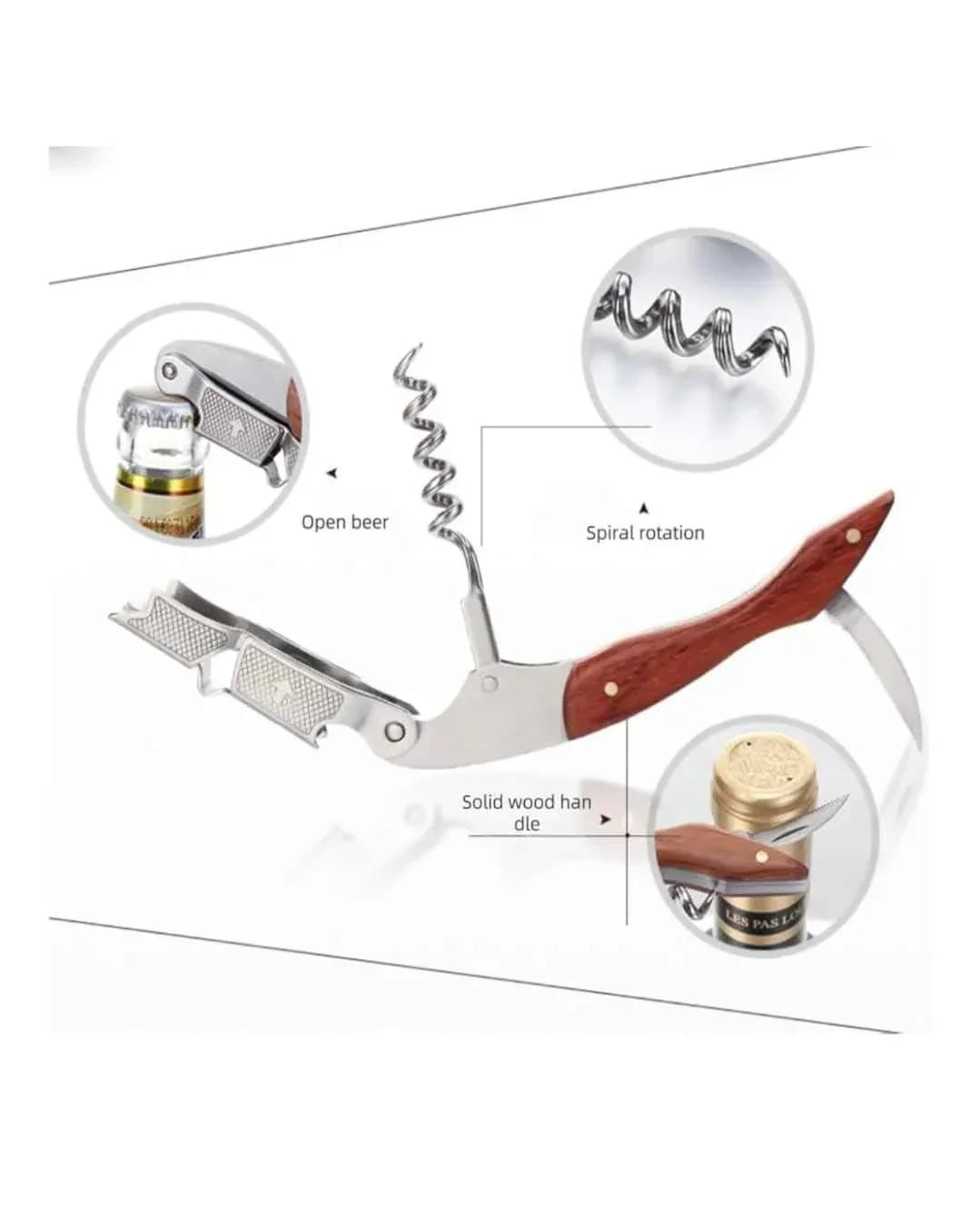 Multifunctional corkscrew with wood handle, beer opener, spiral wine opener, and foil cutter.