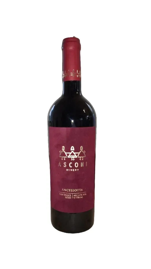 Moldovan red wine bottle with burgundy label, labeled Asconi Winery Ancellotta, 750ml.