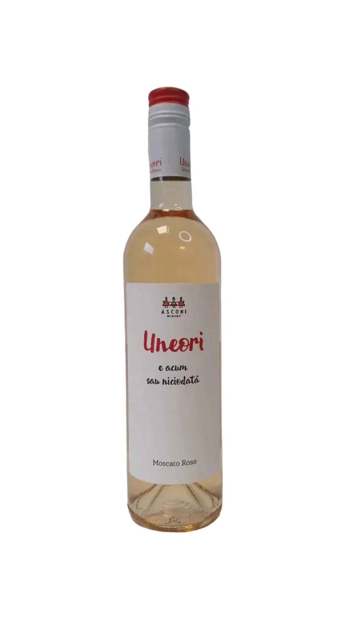 Bottle of Asconi Moscato Rosé wine with white label and screw cap on white background