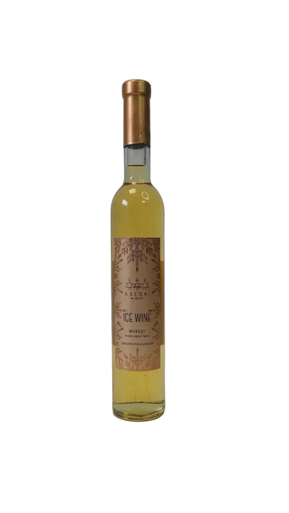 Moldovan Asconi Muscat ice wine bottle with gold label on white background