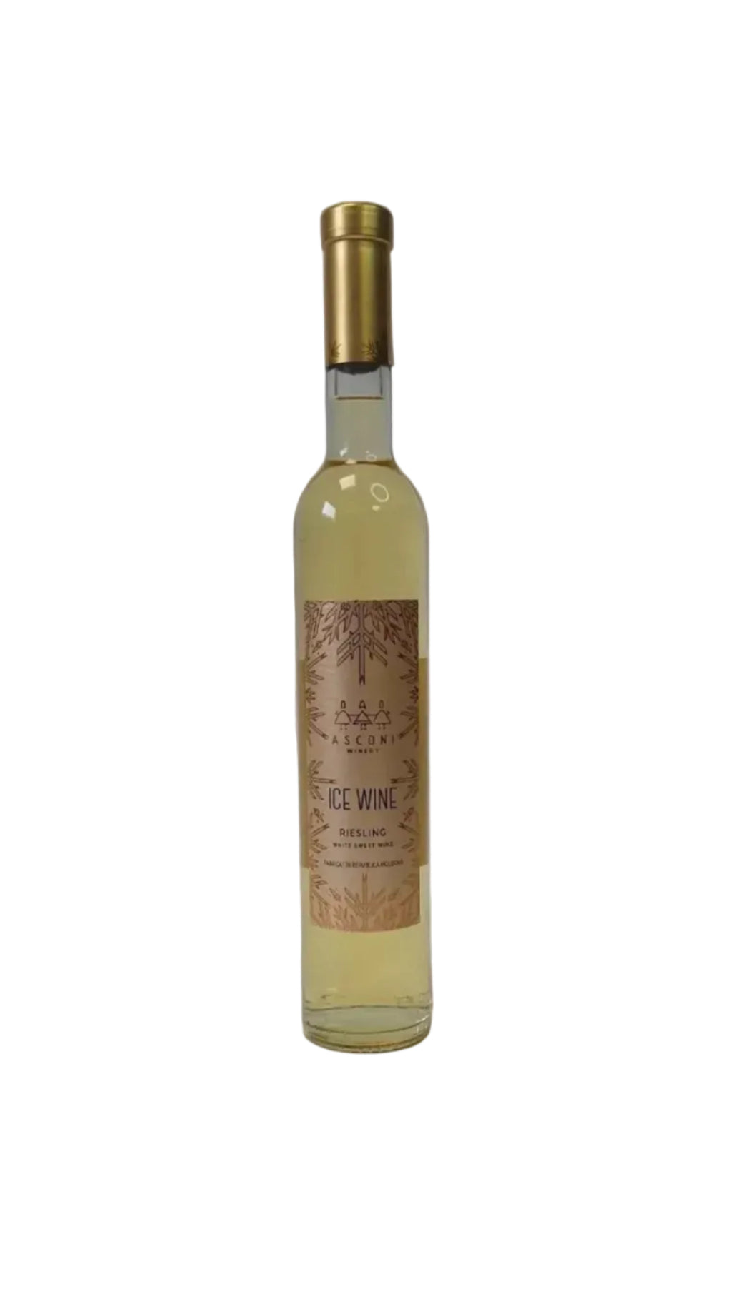 Moldovan Riesling ice wine bottle with gold cap and decorative label on white background