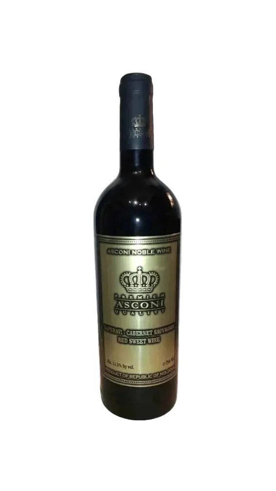 Asconi Saperavi Cabernet Sauvignon red sweet wine bottle with gold label on white background
