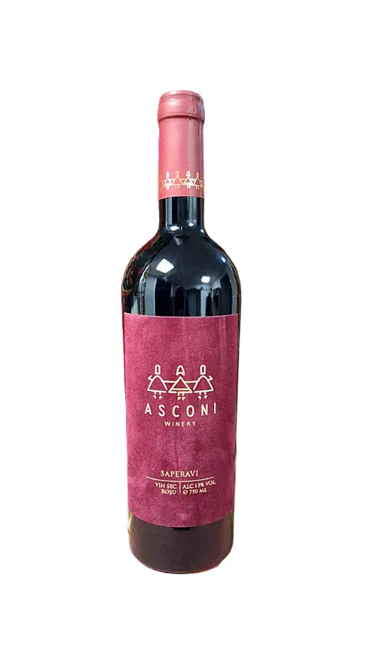 Bottle of Asconi Saperavi dry red wine with maroon label and gold accents