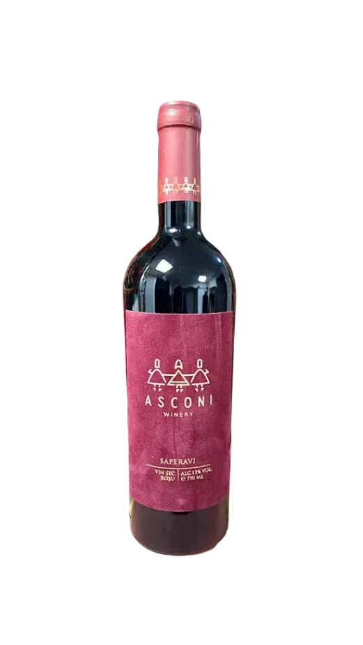 Bottle of Asconi Saperavi dry red wine with maroon label and gold accents