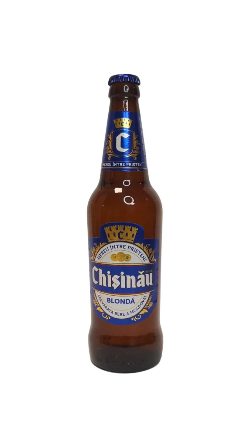 Chisinau Blonde Moldovan lager beer bottle with blue and gold label on white background