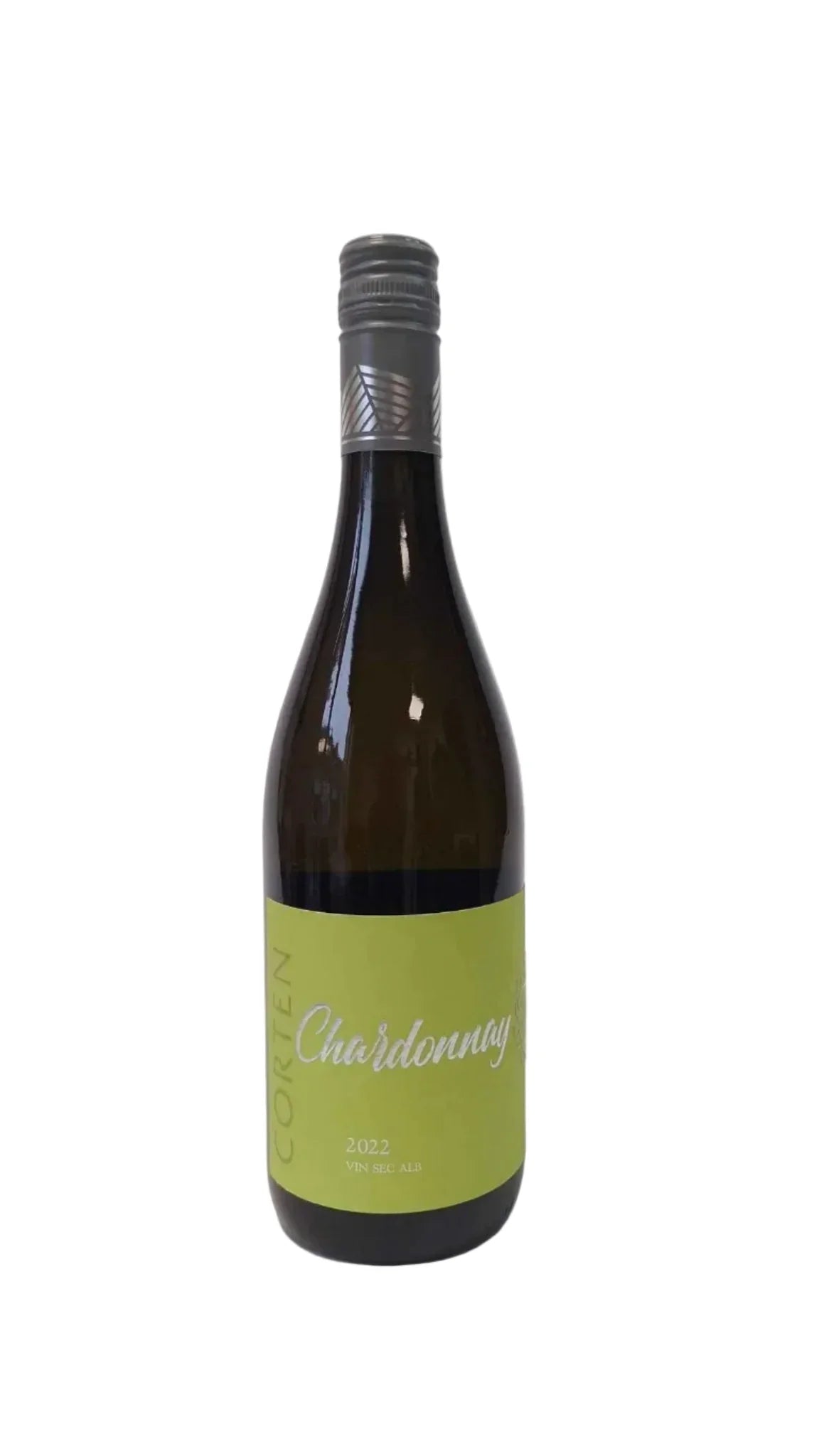 Corten Chardonnay white wine bottle with green label, 2022 vintage, screw cap