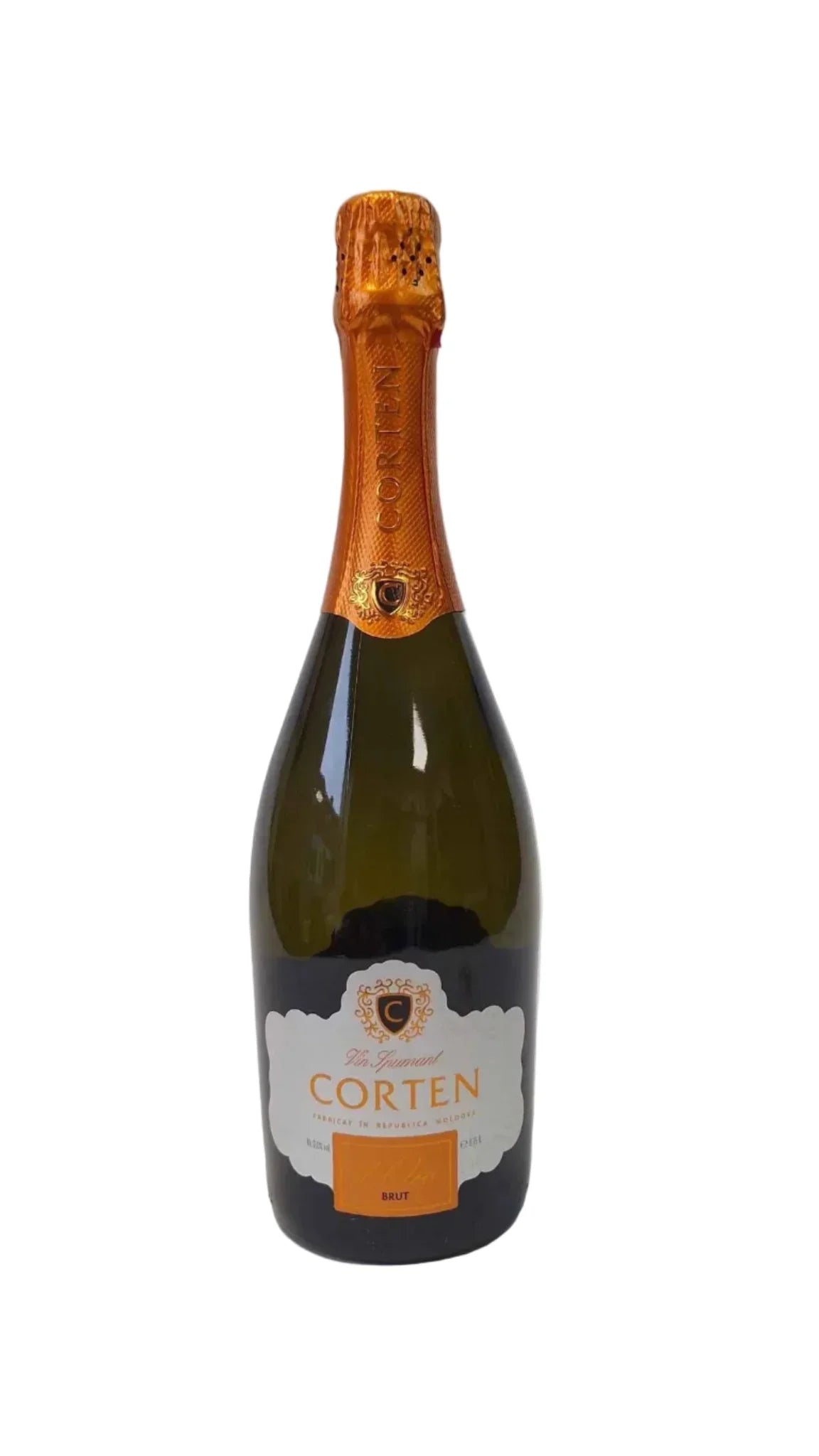 Corten Doro sparkling brut wine bottle with orange foil and white label, Moldovan sparkling wine