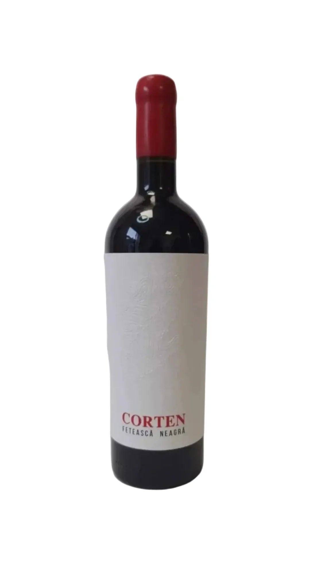 Corten Feteasca Neagra Romanian red wine bottle with red foil and white label