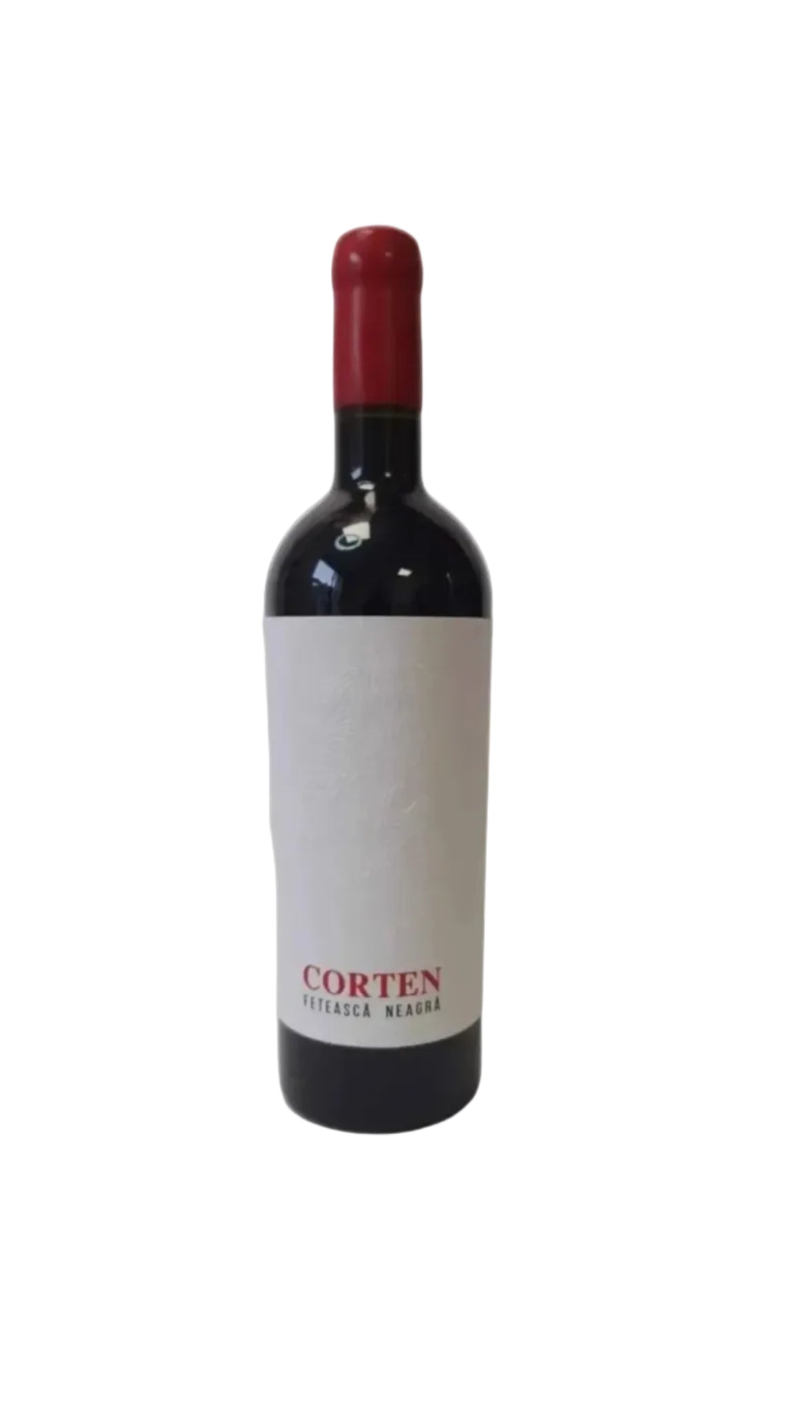 Corten Feteasca Neagra Romanian red wine bottle with red foil and white label