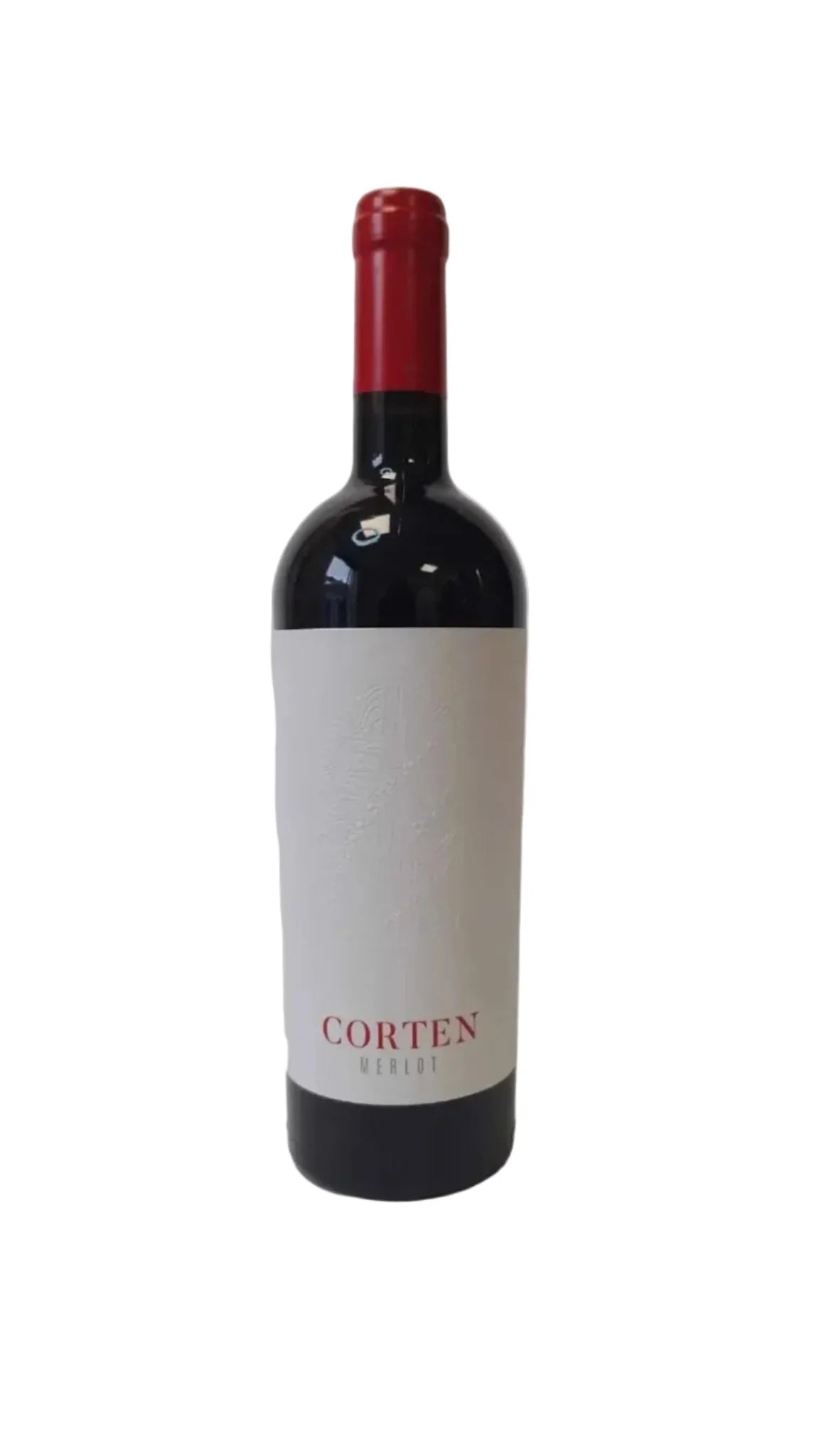Bottle of Corten Merlot red wine with red foil and white label on white background