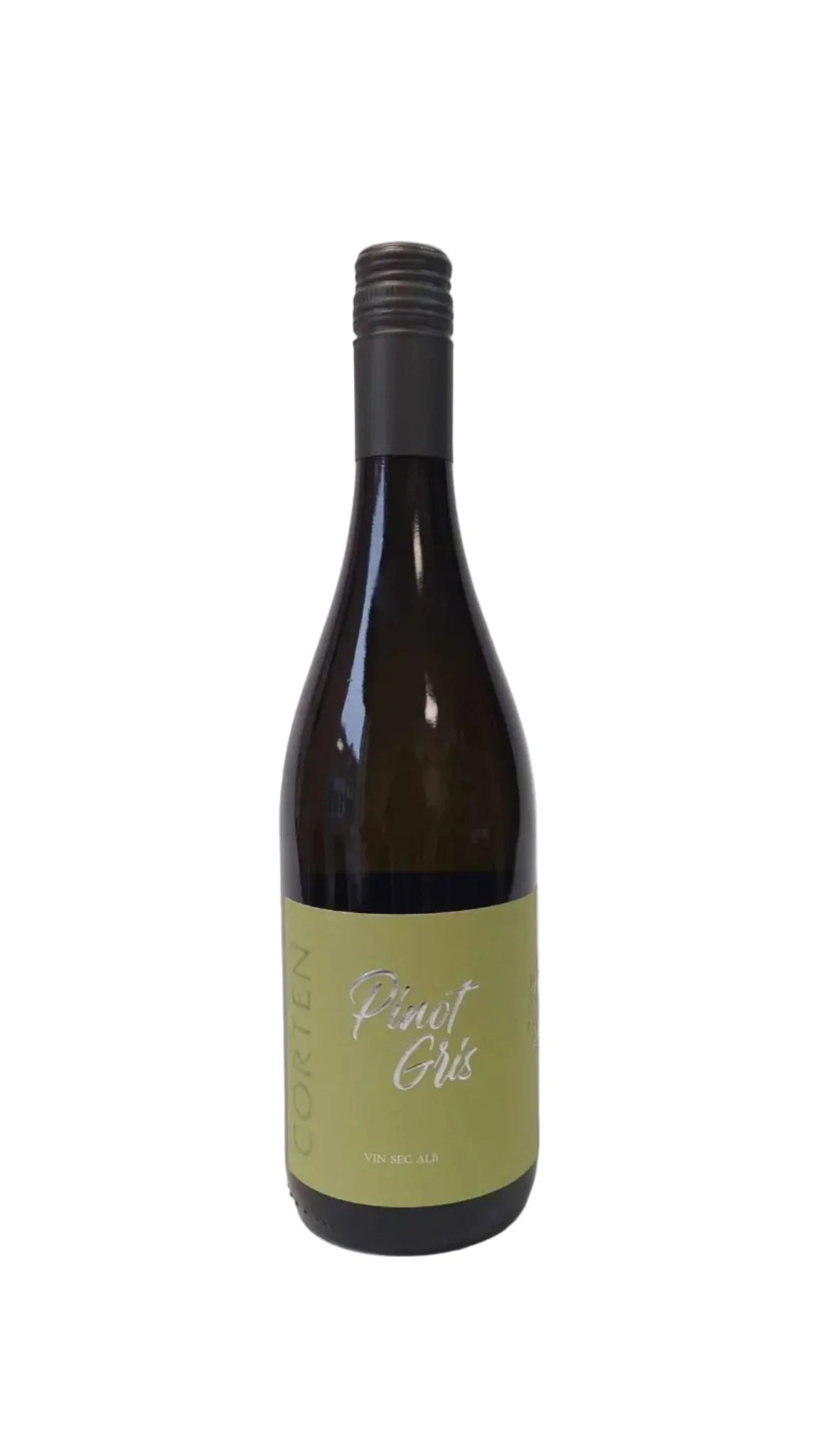 Corten Pinot Gris wine bottle with light green label and black screw cap