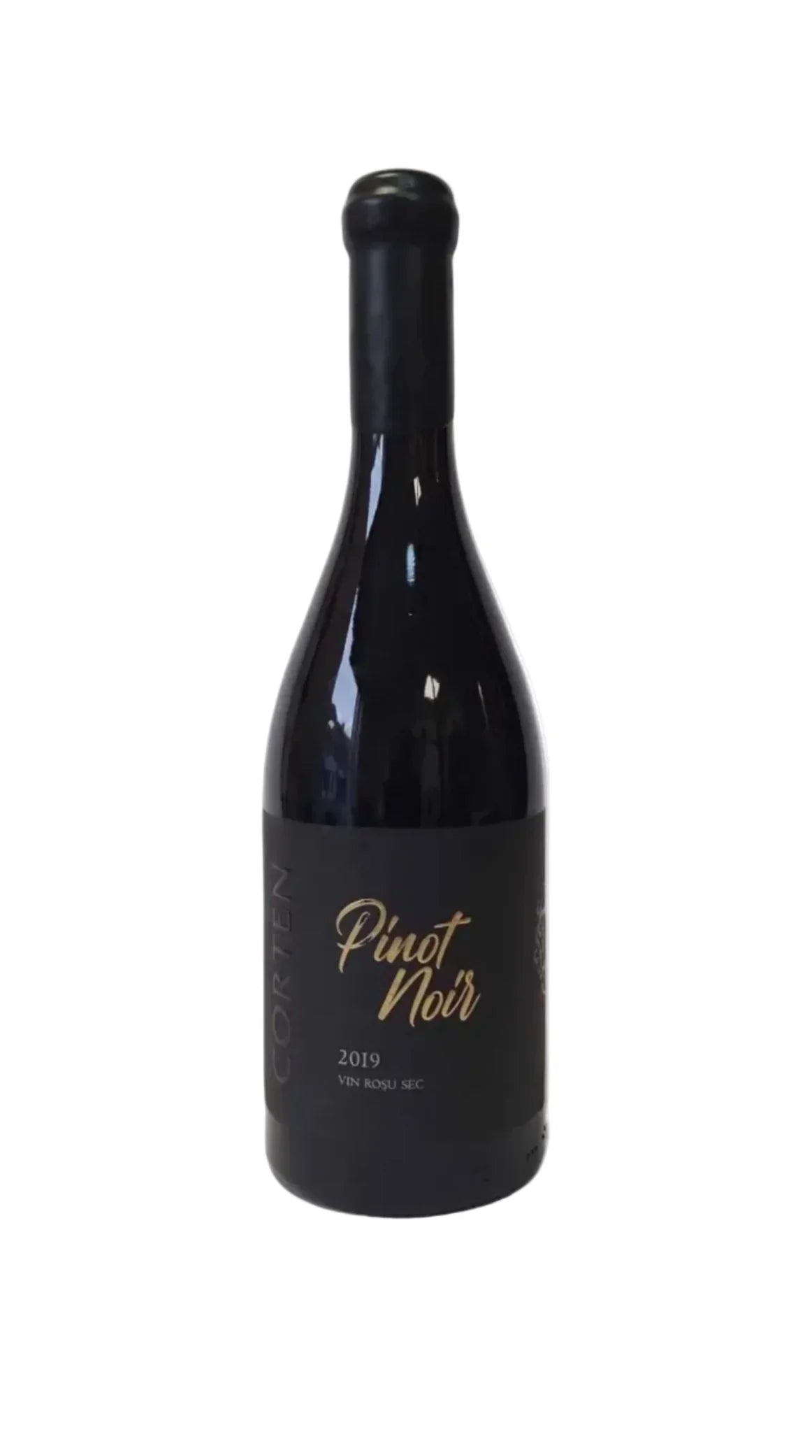 2019 Corten Pinot Noir wine bottle with black label on white background