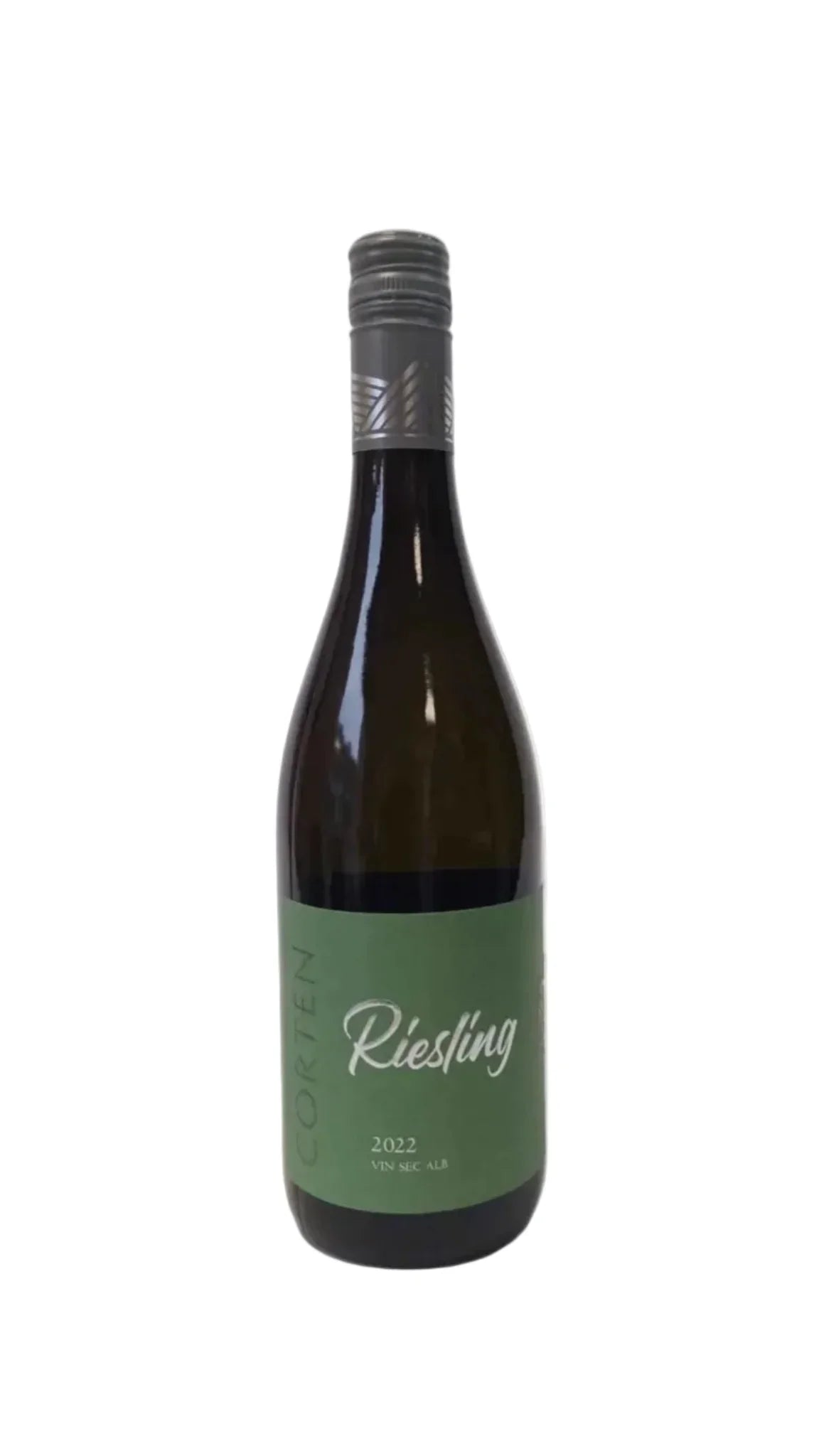Corten Riesling 2022 Moldovan white wine bottle with green label on white background