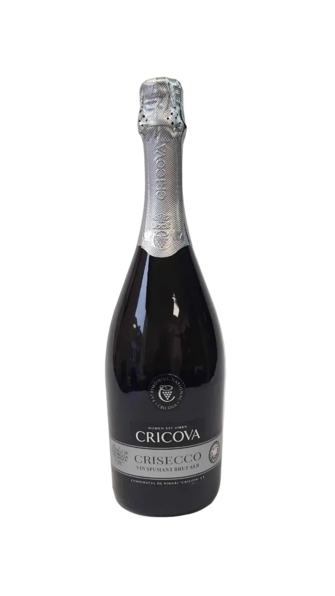 Cricova Crisecco sparkling white wine bottle with silver foil and label on white background