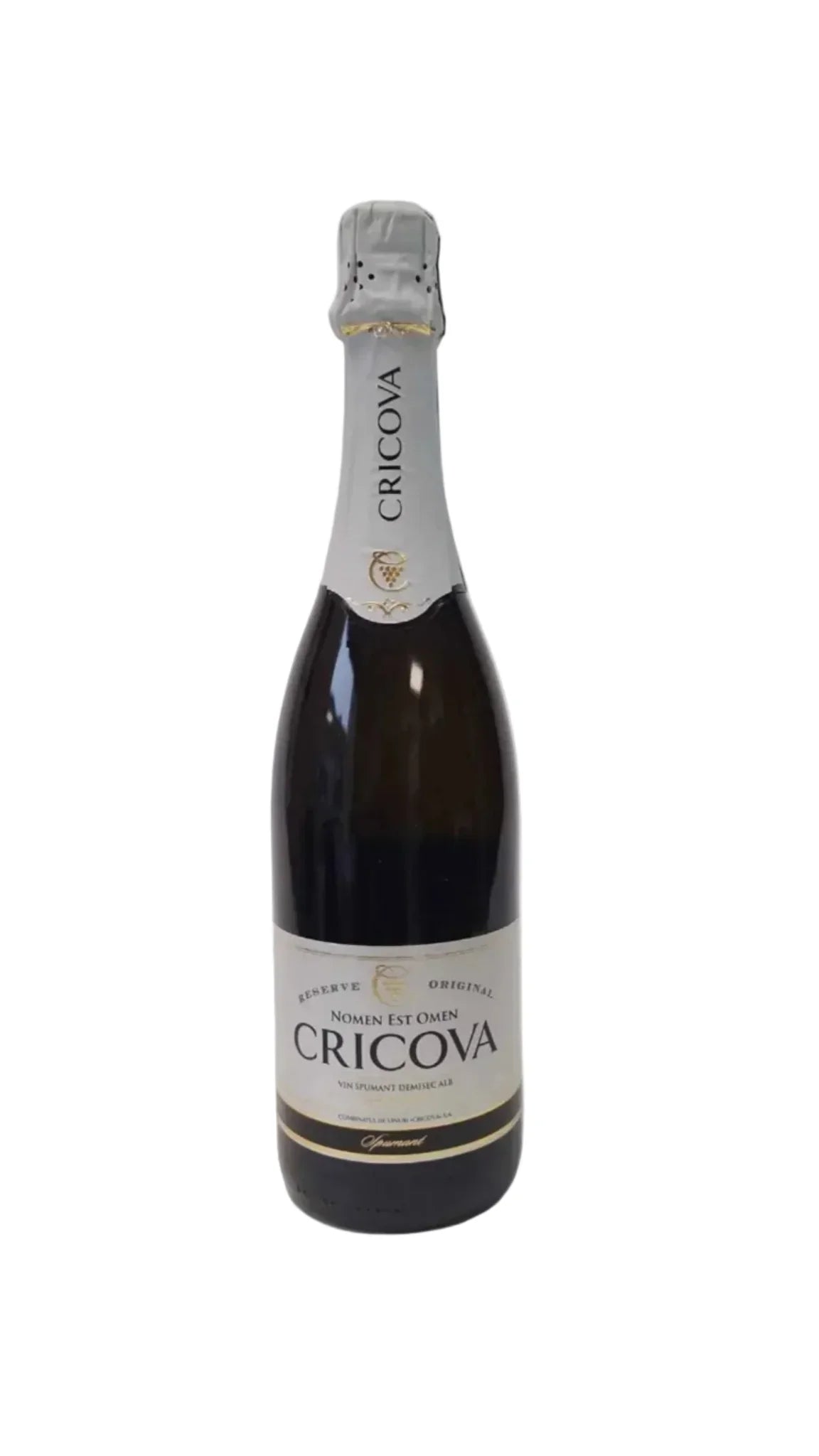 Cricova Demi-Sec sparkling white wine bottle with silver foil and white label on white background
