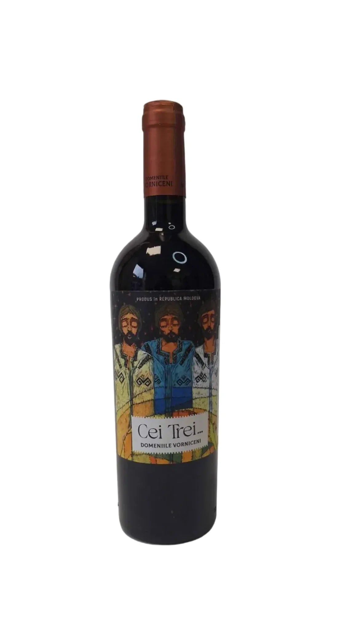 Moldovan red wine bottle Cei Trei with illustrated label showing three men, Domeniile Vorniceni