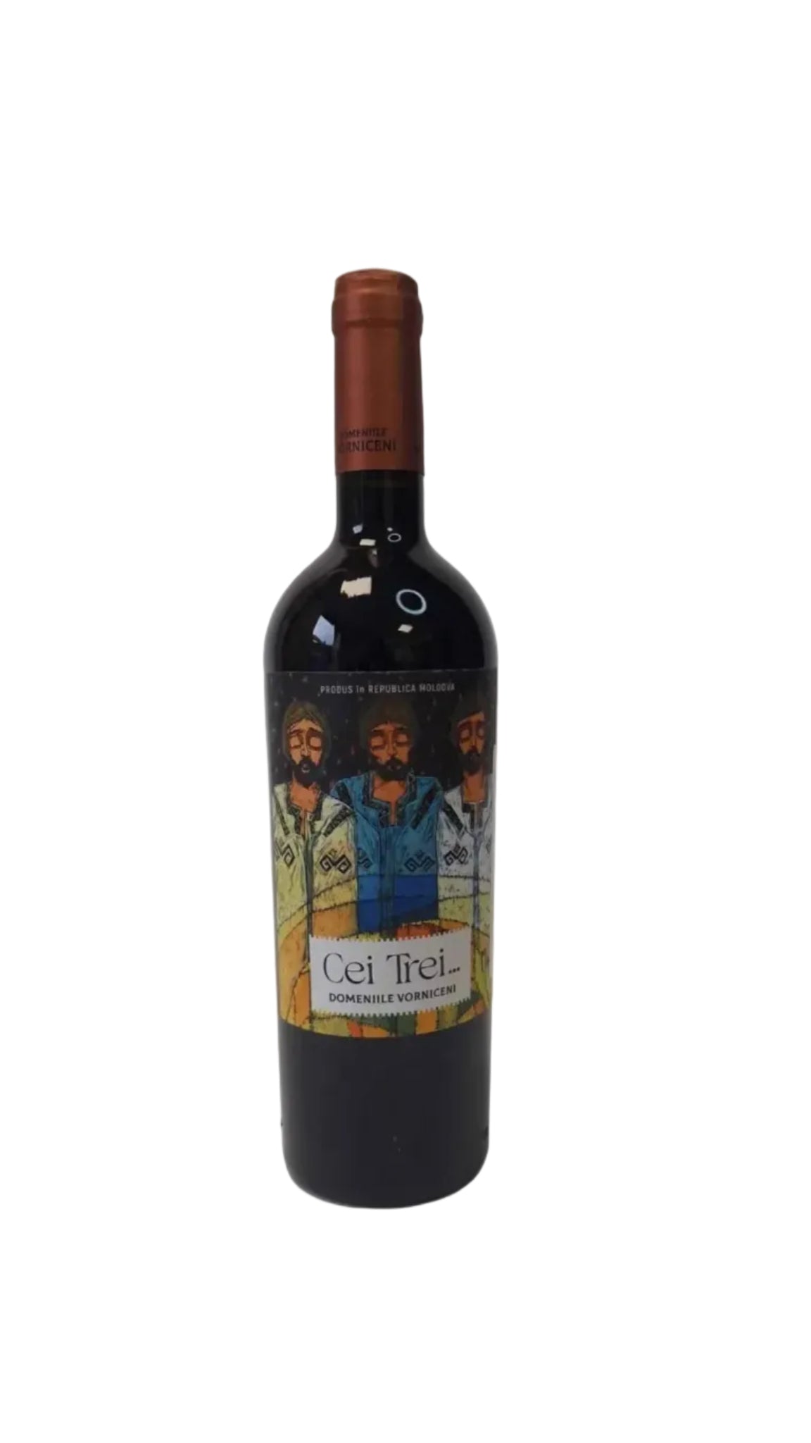 Moldovan red wine bottle Cei Trei with illustrated label showing three men, Domeniile Vorniceni