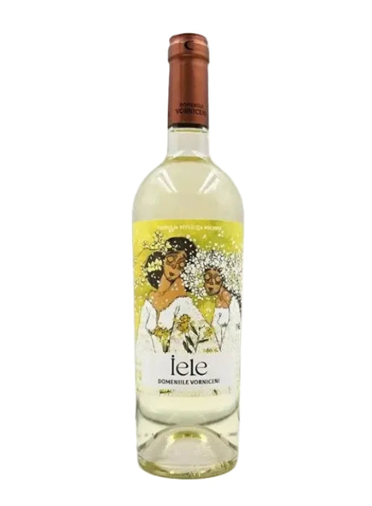 Wine bottle with a decorative label featuring two women and floral elements on a white background.