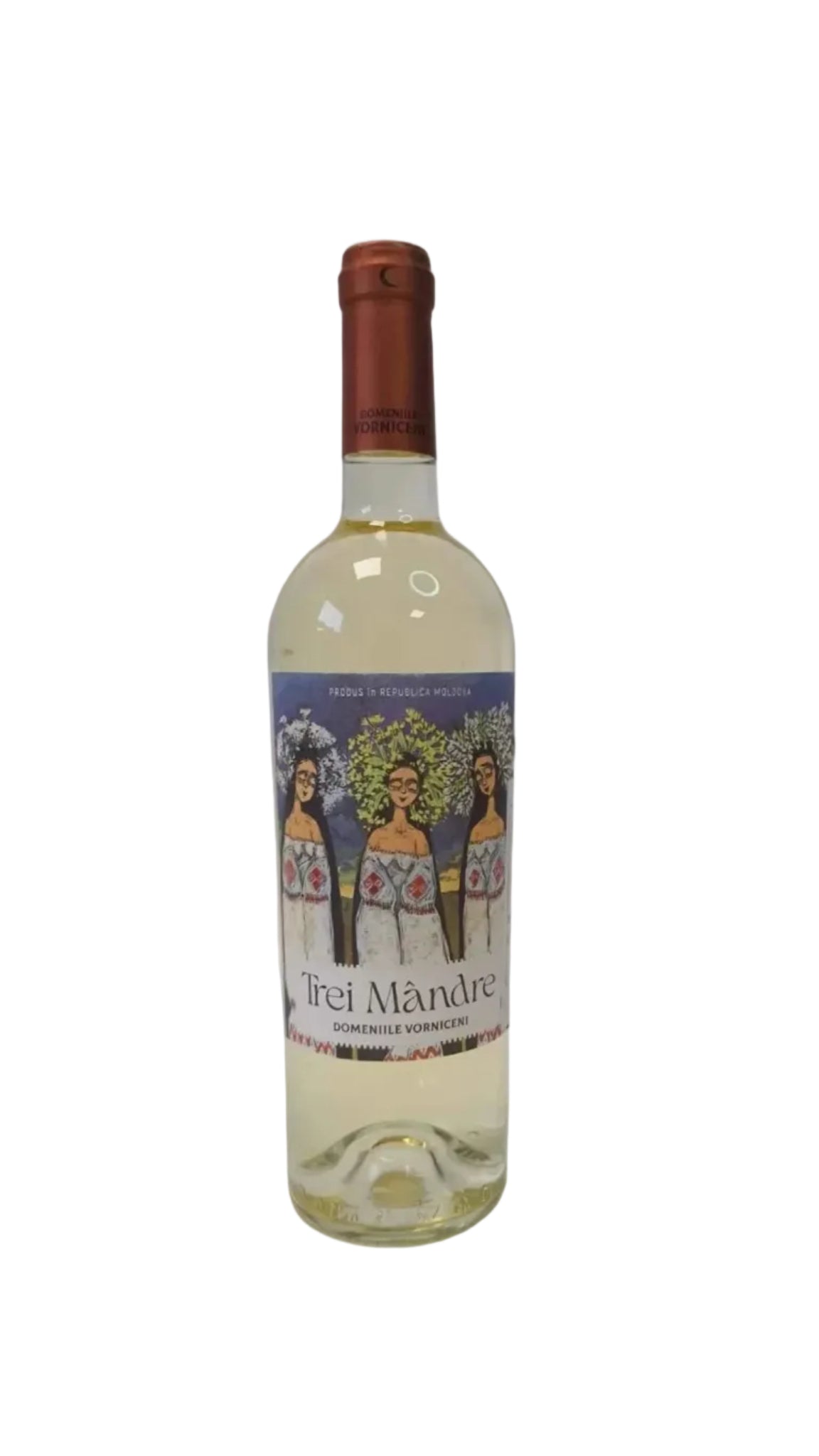 Trei Mandre Moldovan white wine bottle with illustrated label of three women in traditional dress