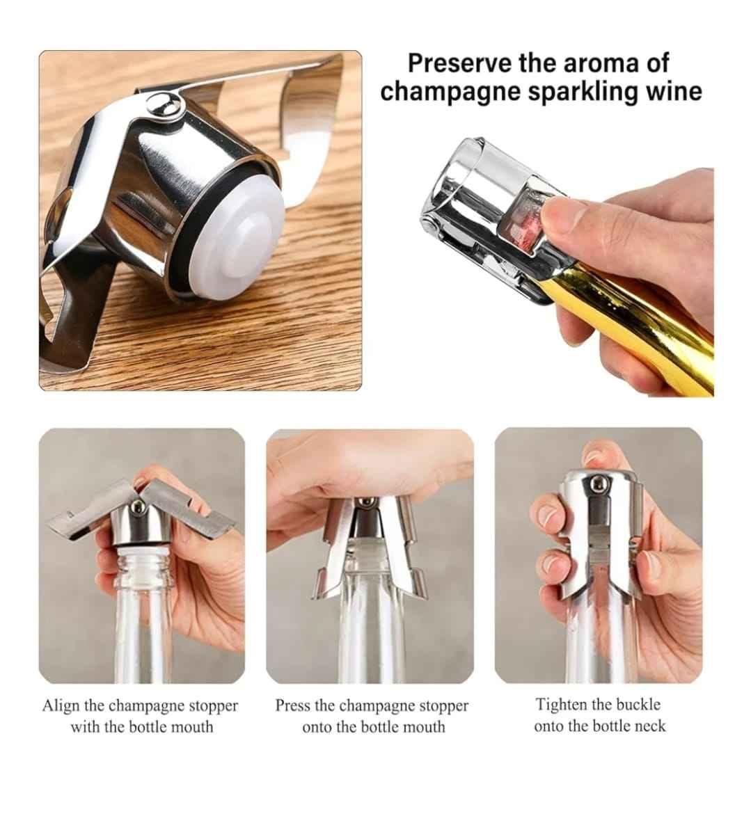 Stainless steel champagne stopper for sealing sparkling wine bottles, shown in use step by step.
