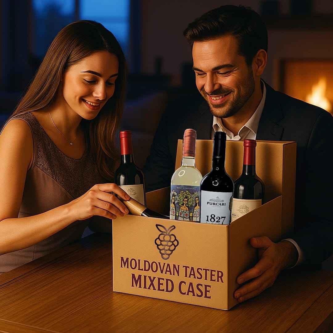 Couple unpacking Moldovan taster mixed wine case with assorted bottles at home