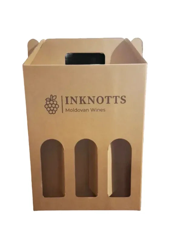 Cardboard triple wine bottle box with cutout windows and Moldovan wine branding
