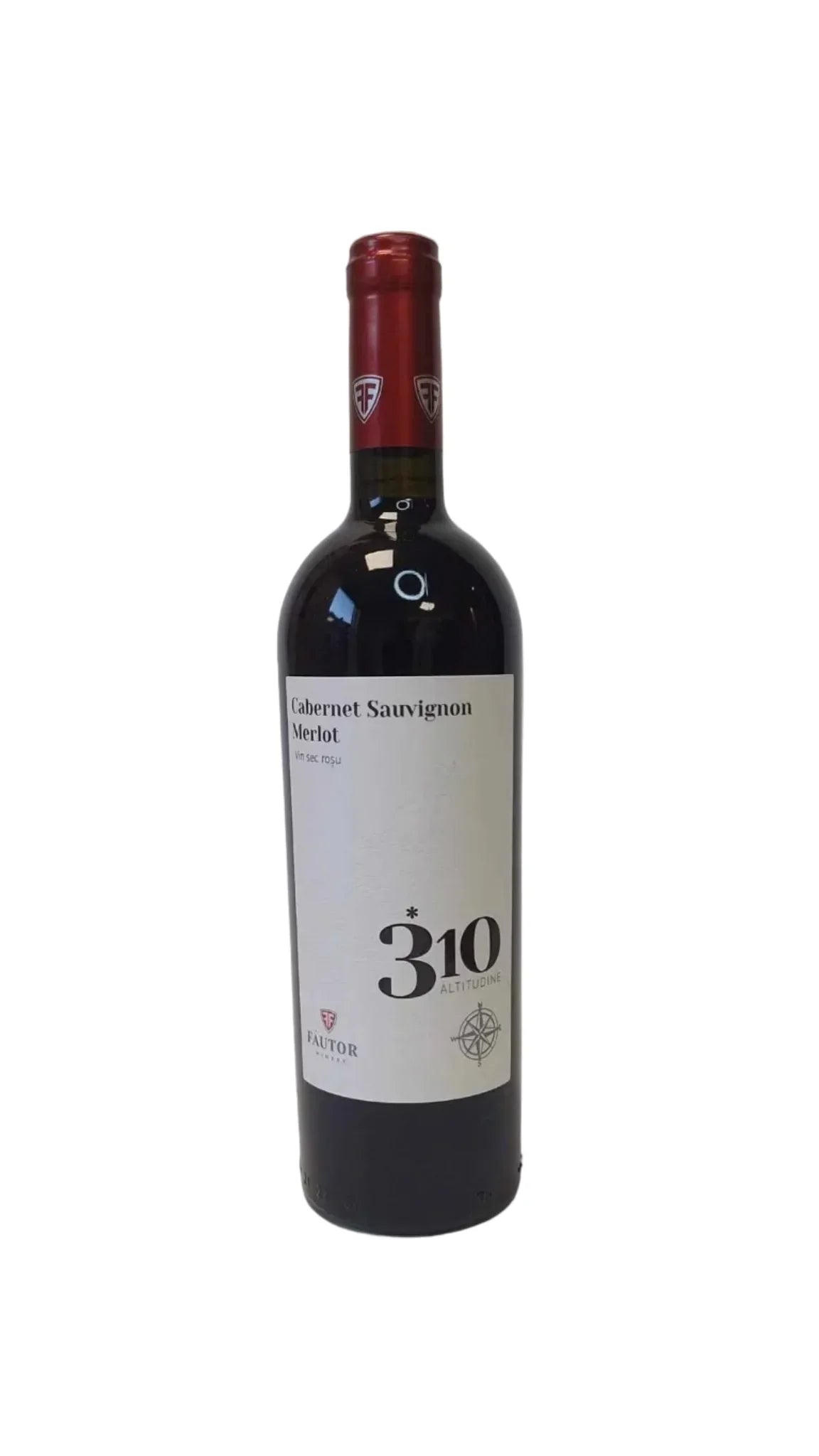 Moldovan Cabernet Sauvignon Merlot red wine bottle with white label and red foil cap