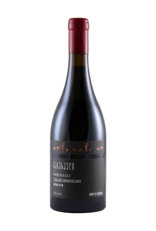 A bottle of Naberauli saperavi red wine, featuring a dark glass bottle with a deep red foil capsule and a black label with white text.