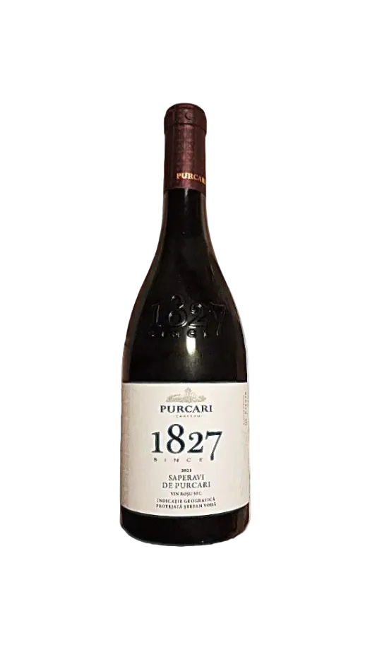 Bottle of Saperavi de Purcari 1827 Moldovan red wine with white label on white background