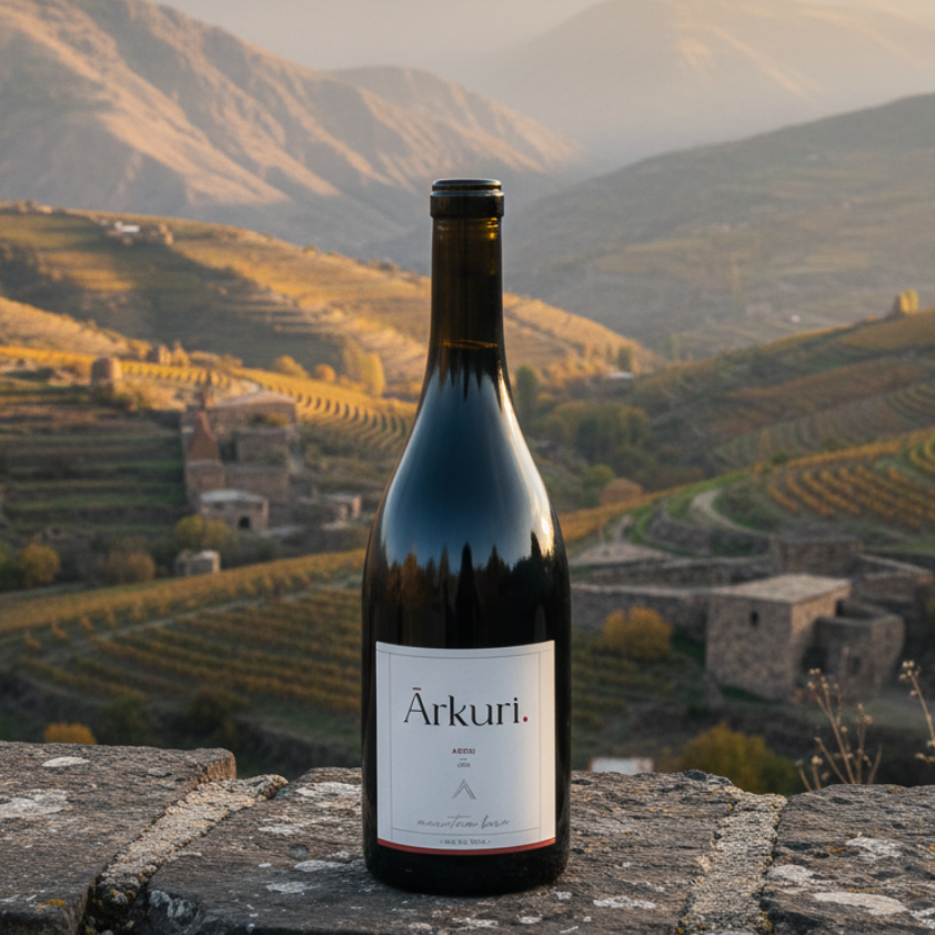 A dark glass bottle of Arkuri red wine with a white label stands on a stone ledge, set against a scenic background of sunlit mountains and terraced vineyards.