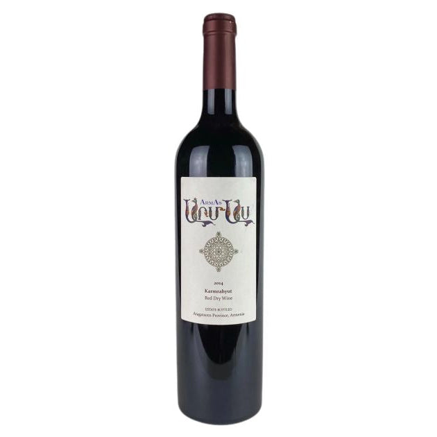 A single bottle of red wine with a cream-colored label and a dark brown foil top, centered on a plain white background.