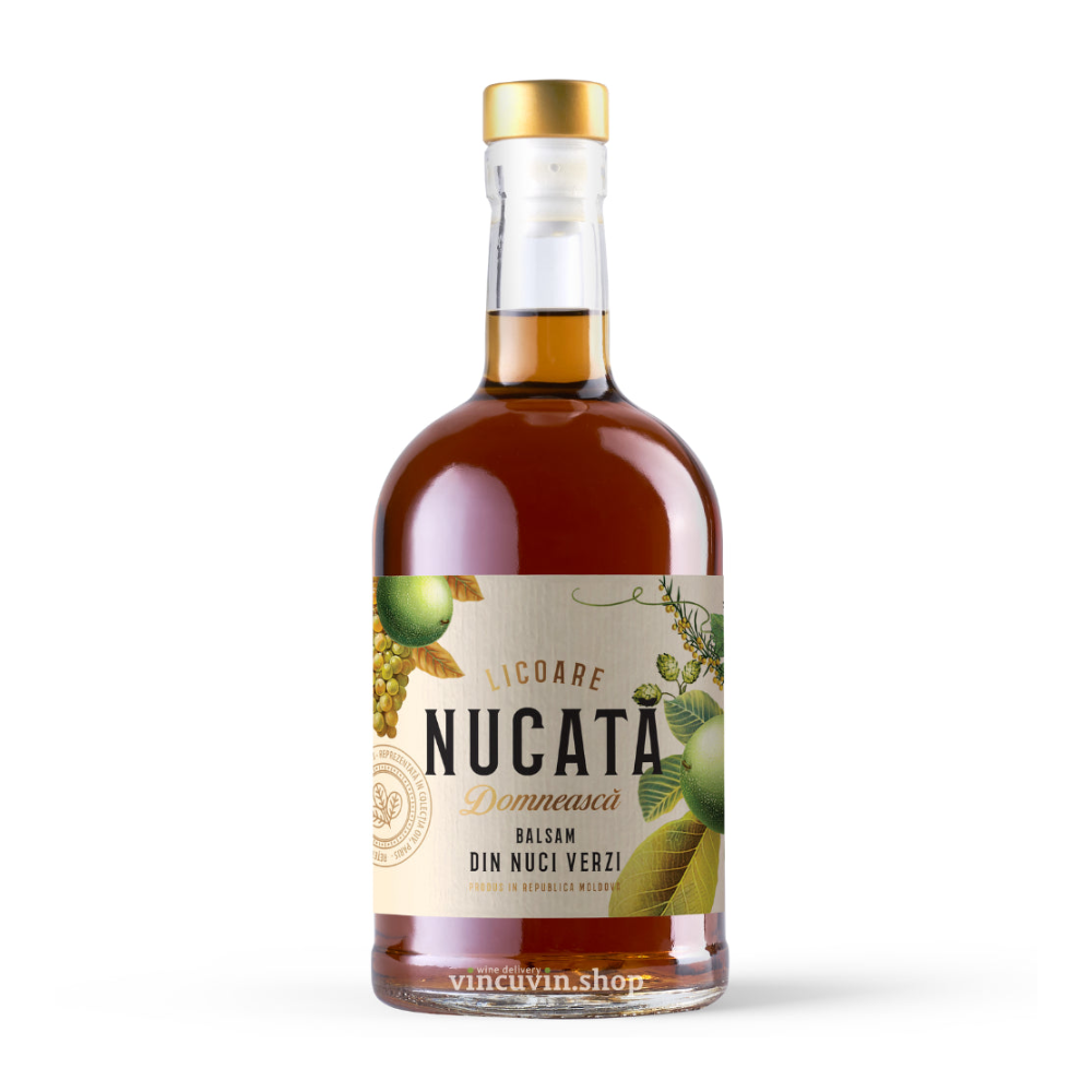 A bottle of Nucata Domnească balsam from the brand Licoare, made from walnut shells, featuring an amber-brown liquid, a gold cap, and a cream-colored label with green and gold botanical illustrations.