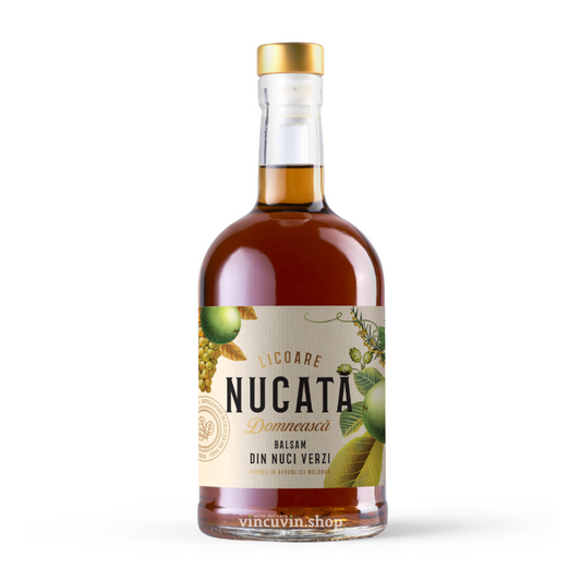 A bottle of Nucata Domnească balsam from the brand Licoare, made from walnut shells, featuring an amber-brown liquid, a gold cap, and a cream-colored label with green and gold botanical illustrations.