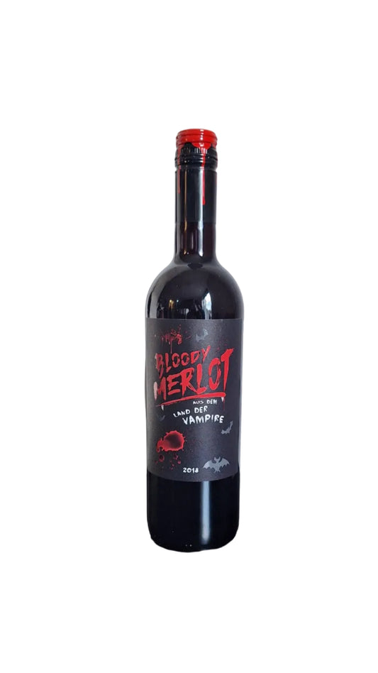 Bottle of Bloody Merlot wine with a red cap on a white background
