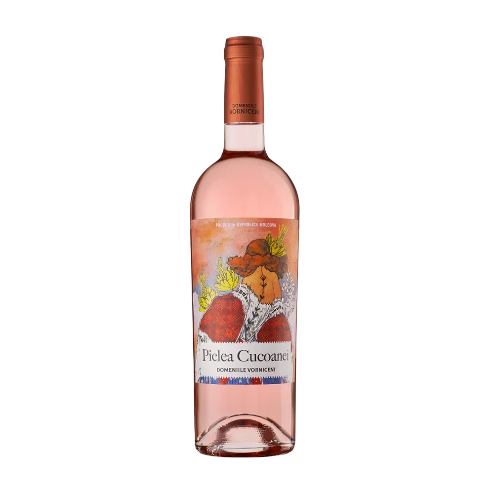 Rose wine bottle with a colorful label on a white background
